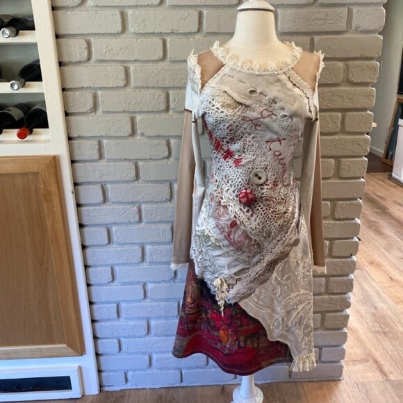 Boho IPNG Patchwork Midi Dress in Cream, Tan, & Pink, Size S/M #011 - Picture 1 of 9